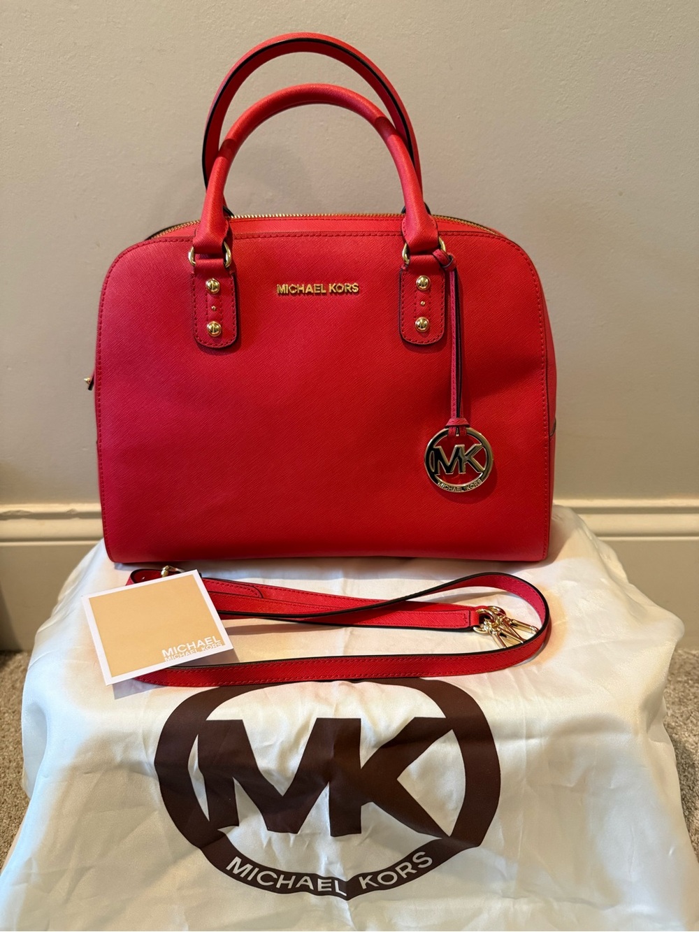 Michael Kors Red Cindy Medium Dome Saffiano Leather Satchel Bag NWOT